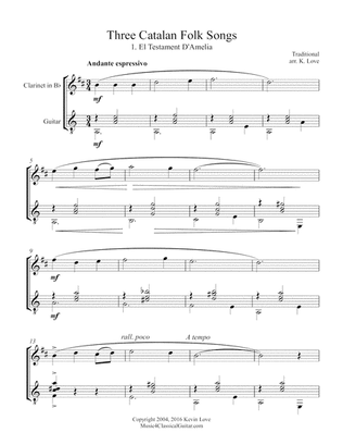 Three Catalan Folk Songs (Clarinet and Guitar) - Score and Parts
