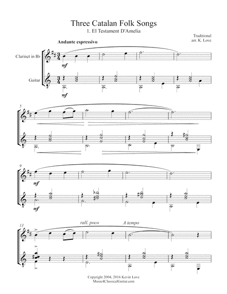 Three Catalan Folk Songs (Clarinet and Guitar) - Score and Parts image number null