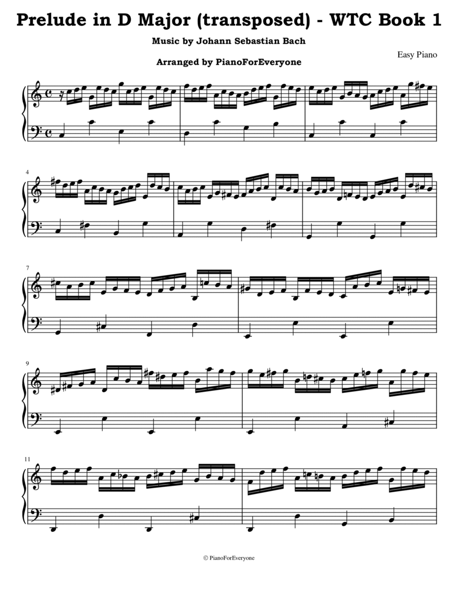 'Prelude in D Major' from WTC Book 1 - Bach (Easy Piano) Easy Piano scores gallery preview page 1