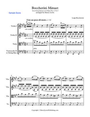 BOCCHERINI MINUET - (Minuet Op. 11 No. 5) String Quartet, Intermediate Level for 2 violins, viola an