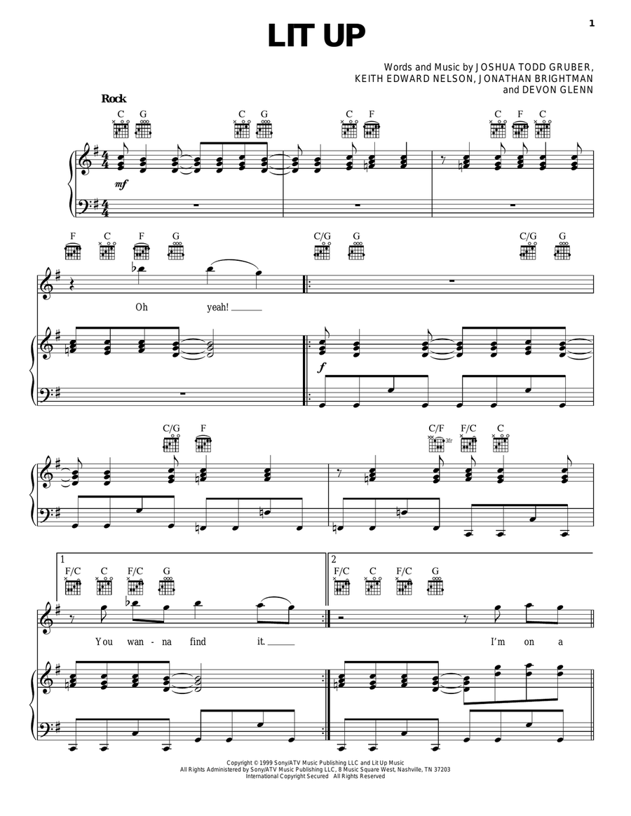Lit Up Piano, Vocal, Guitar scores gallery preview page 1