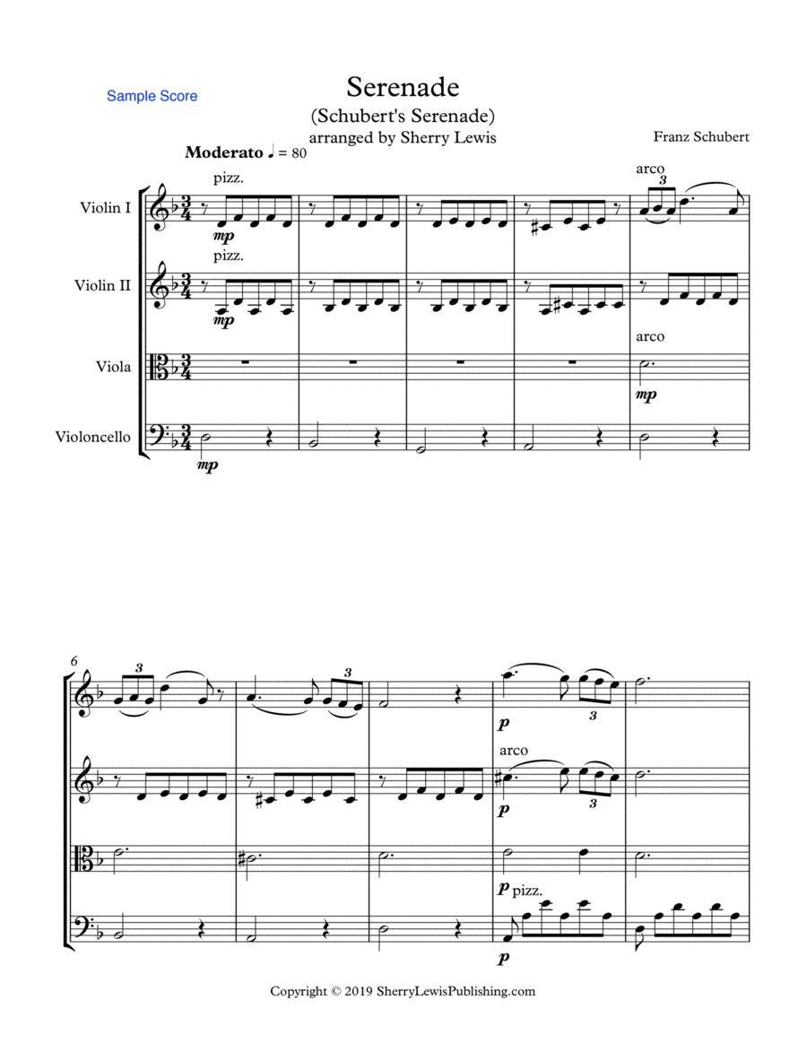 SCHUBERT SERENADE String Quartet, Intermediate Level for 2 violins, viola and cello String Quartet scores gallery preview page 1