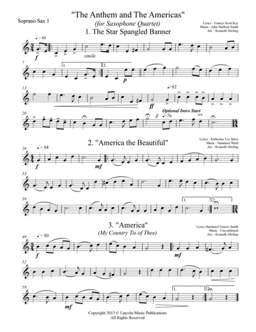 The U.S. National Anthem and The Americas (for Saxophone Quartet SATB or AATB) image number null