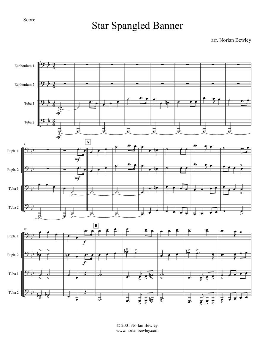 Star Spangled Banner - Tuba/Euphonium Quartet Brass Ensemble scores gallery preview page 1