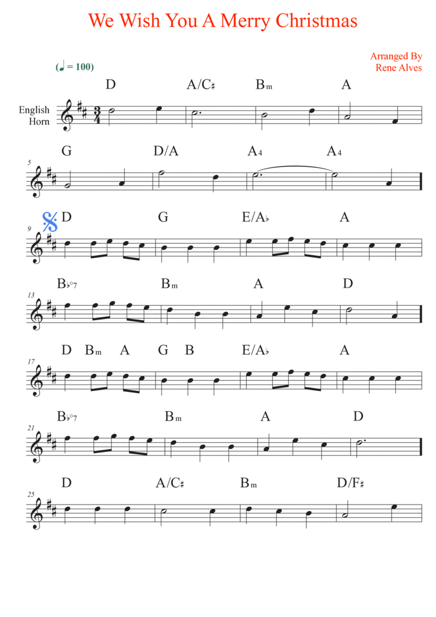 We Wish You A Merry Christmas, English horn sheet music and melody for the beginning musician (easy) image number null