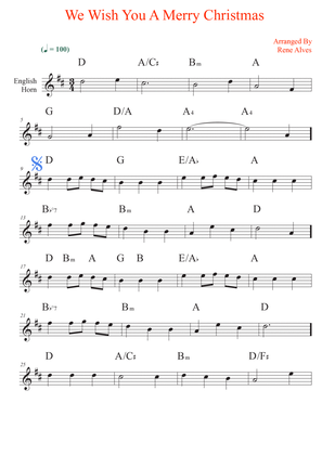 We Wish You A Merry Christmas, English horn sheet music and melody for the beginning musician (easy)