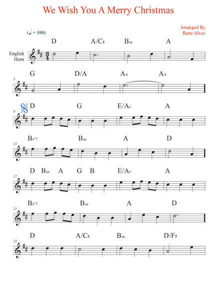We Wish You A Merry Christmas, English horn sheet music and melody for the beginning musician (easy) image number null