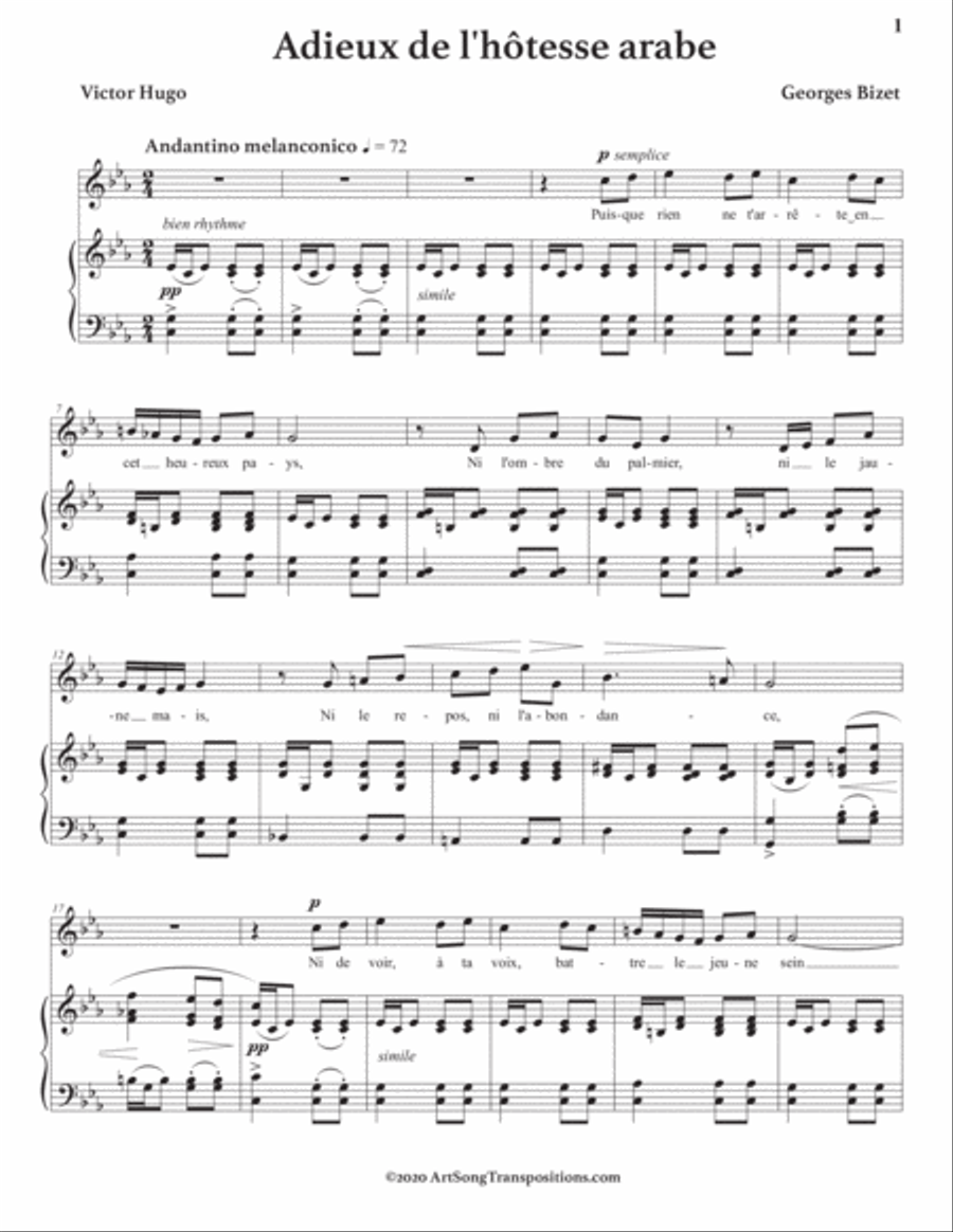 BIZET: Adieux de l'hôtesse arabe (transposed to C minor) Voice scores gallery preview page 2