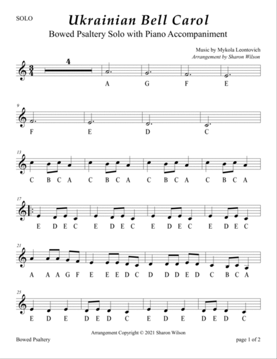 Ukrainian Bell Carol (Easy Bowed Psaltery Solo with Piano Accompaniment) Zither scores gallery preview page 2