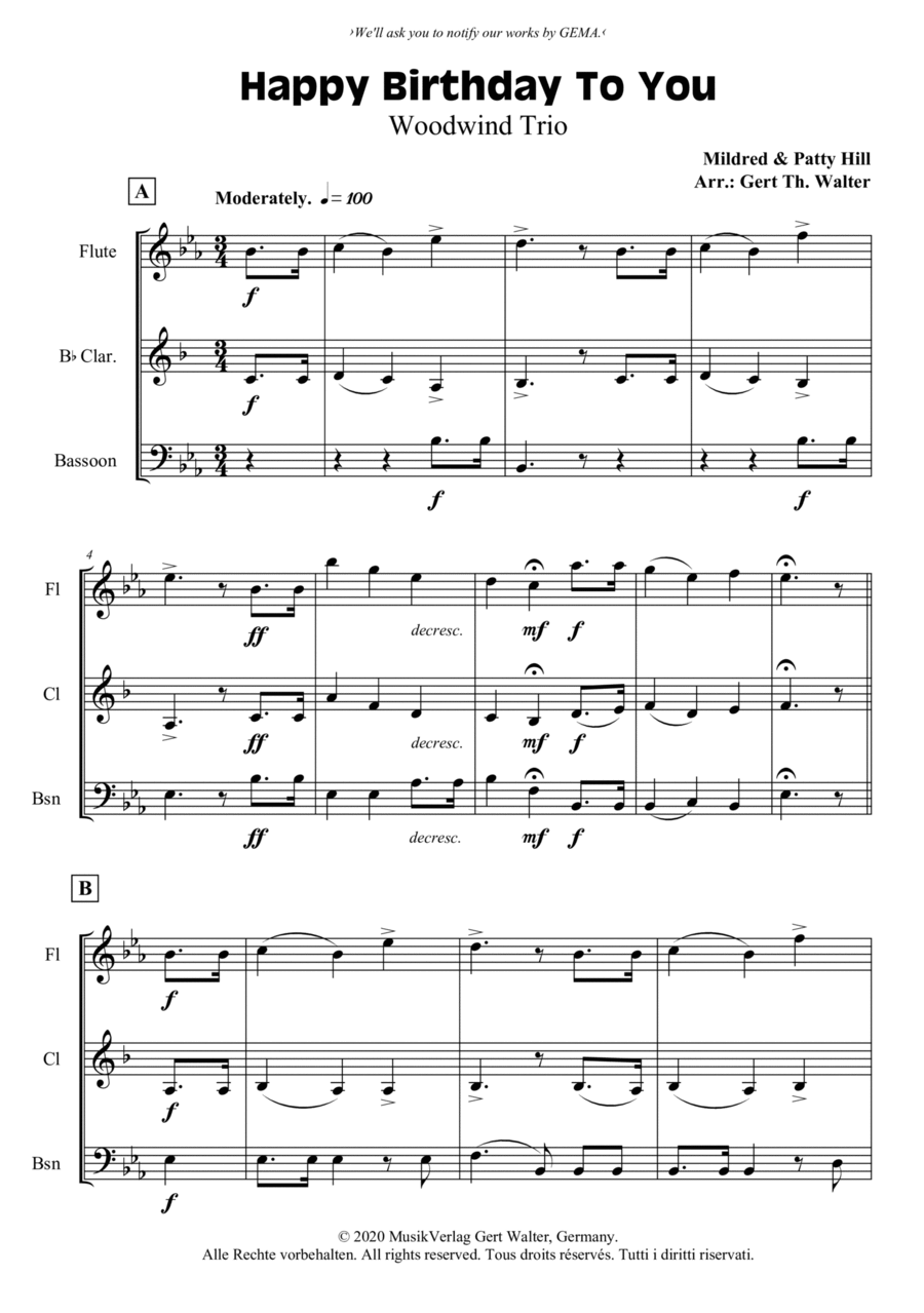 Happy Birthday To You Happy Birthday To You Woodwind Trio scores gallery preview page 1