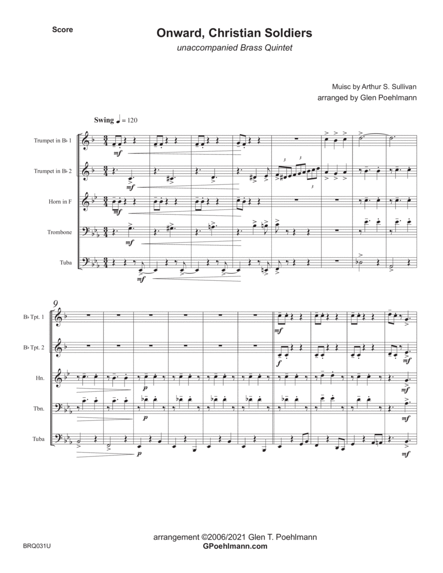 ONWARD CHRISTIAN SOLDIERS - BRASS QUINTET - Swing Style! (Jazz Waltz) Brass Quintet scores gallery preview page 1