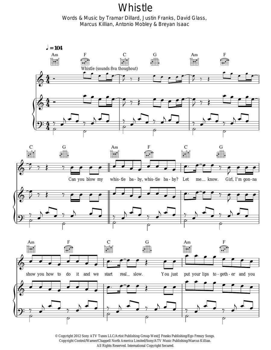 Whistle Piano, Vocal, Guitar scores gallery preview page 1