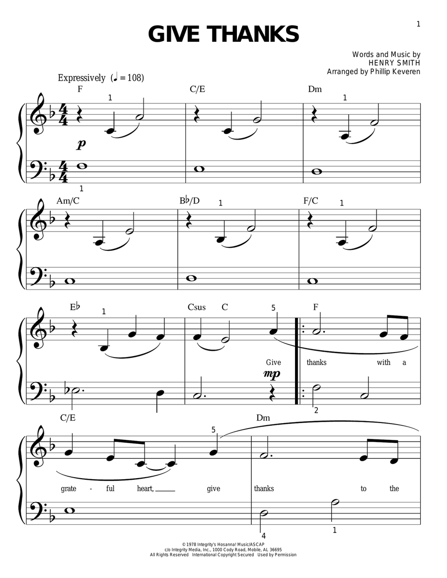 Give Thanks (arr. Phillip Keveren) Easy Piano scores gallery preview page 1