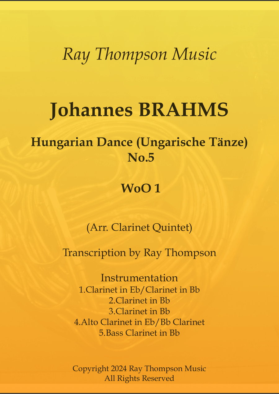 Brahms: Hungarian Dance (Ungarische Tänze) WoO1 No.5 - clarinet quintet Clarinet Quintet scores gallery preview page 1