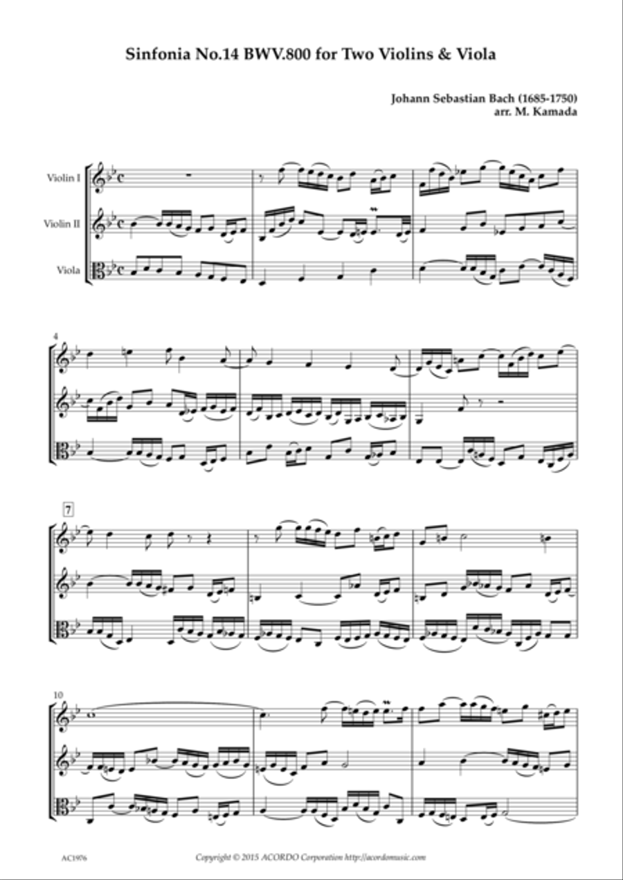 Sinfonia No.14 BWV.800 for Two Violins & Viola String Duet scores gallery preview page 1