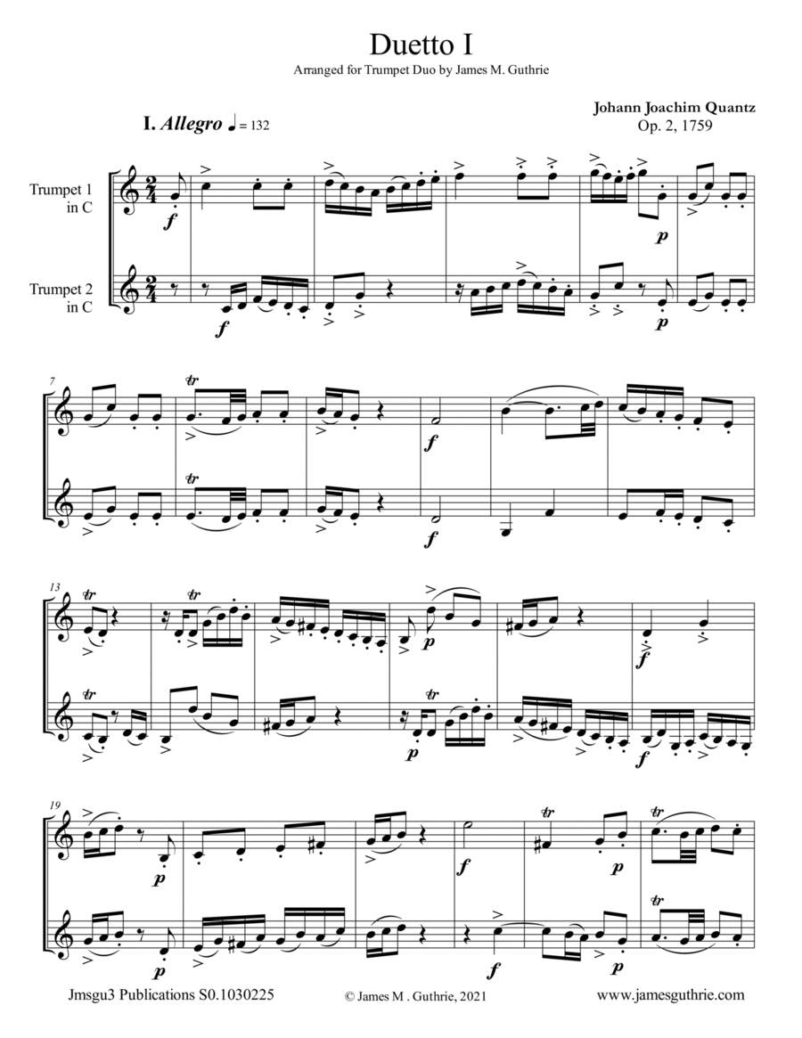 Quantz: Six Duos Op. 2 Complete for Trumpet Duo Trumpet Duet scores gallery preview page 1