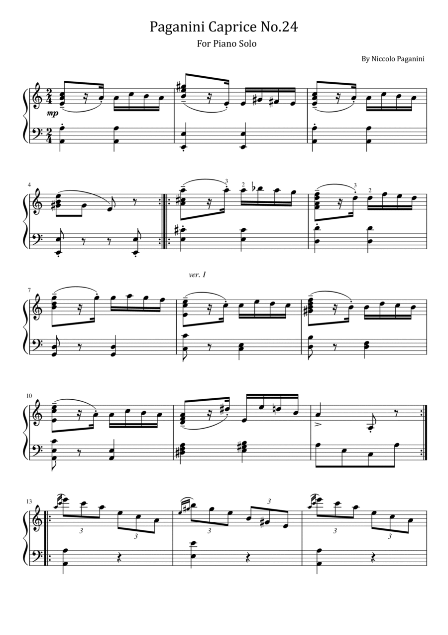 Paganini Caprice No.24 - Variations For Piano Solo With Fingered Piano Solo scores gallery preview page 1