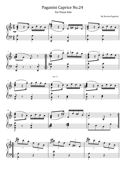 Paganini Caprice No.24 - Variations For Piano Solo With Fingered image number null