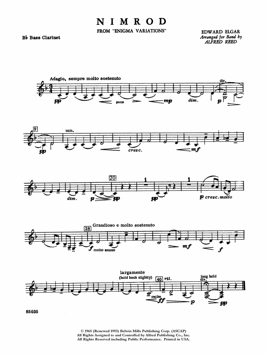 Nimrod (from Elgar's Variations): B-flat Bass Clarinet