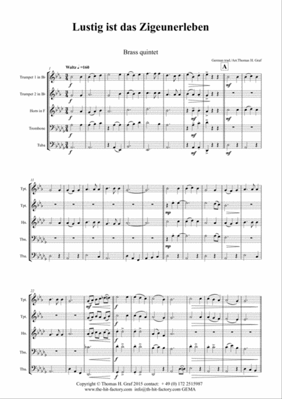Lustig ist das Zigeunerleben - German Folk Song - Oktoberfest - Brass Quintet Brass Quintet scores gallery preview page 1