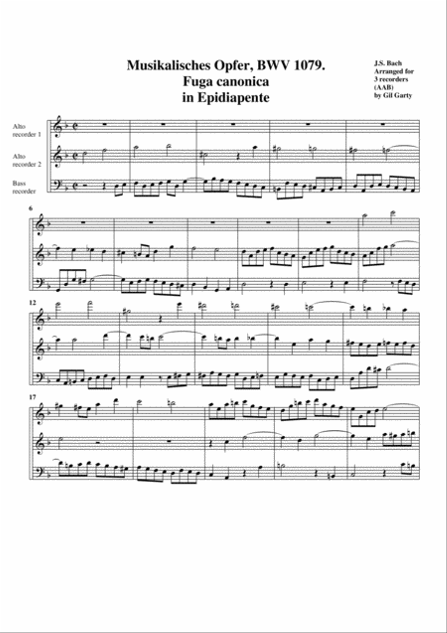 Fuga canonica in Epidiapente from Musikalisches Opfer, BWV 1079 (arrangement for 3 recorders) Recorder scores gallery preview page 1