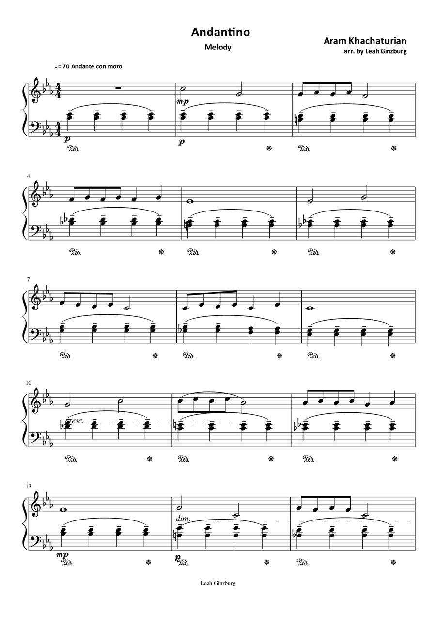 Andantino (Melody) by Aram Khachaturian Piano Solo scores gallery preview page 1
