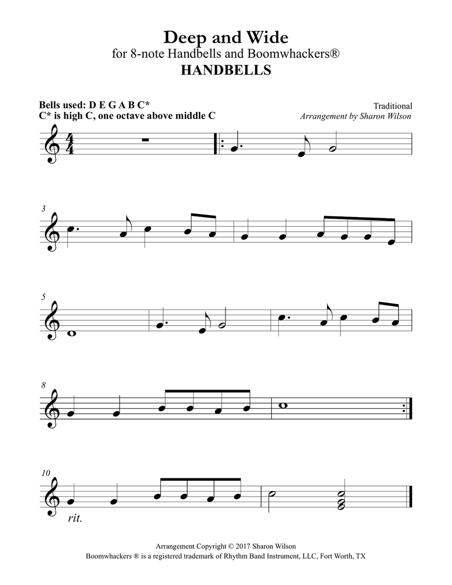 Deep and Wide (for 8-note Bells and Boomwhackers with Black and White Notes) Handbell Choir scores gallery preview page 3