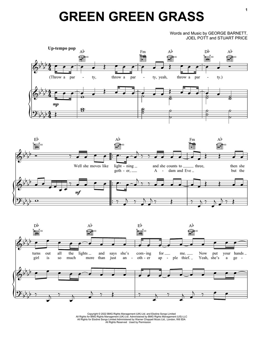 Green Green Grass Piano, Vocal, Guitar scores gallery preview page 1