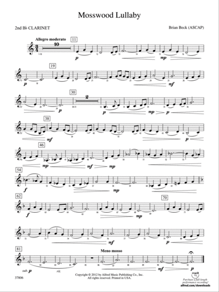 Mosswood Lullaby: 2nd B-flat Clarinet Concert Band scores gallery preview page 1