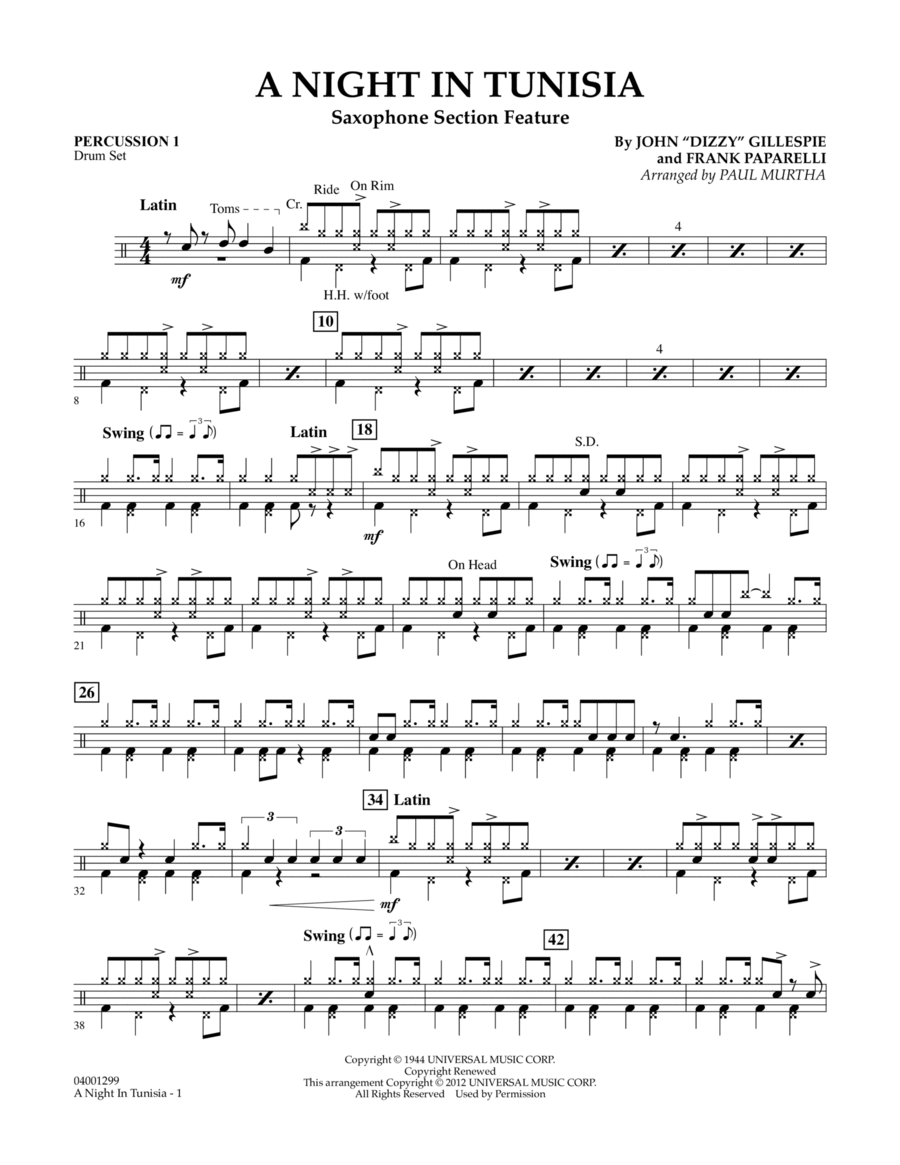 A Night In Tunisia (Saxophone Section Feature) - Percussion 1 Concert Band scores gallery preview page 1