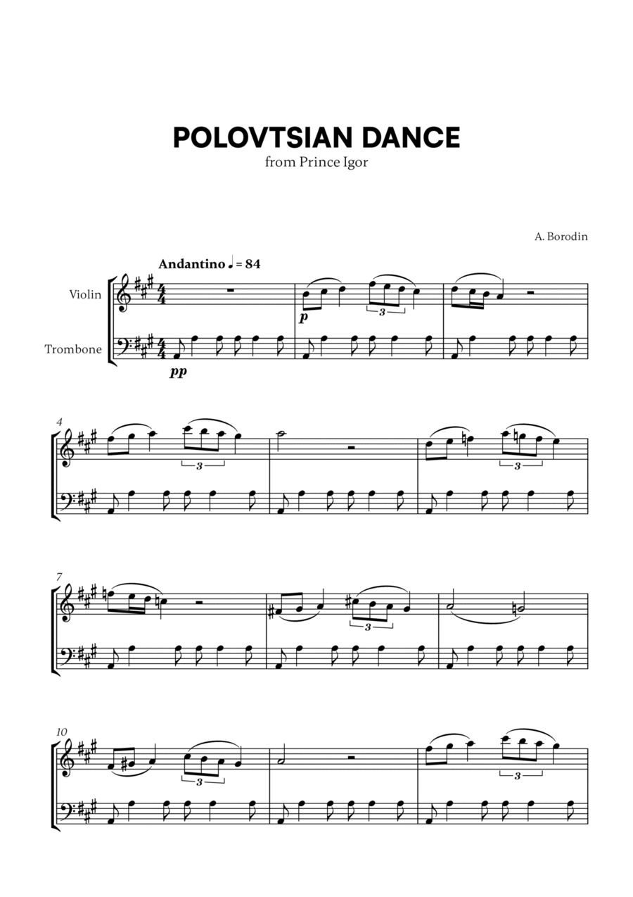 Polovtsian Dance (from Prince Igor) (for Violin and Trombone) Trombone scores gallery preview page 1