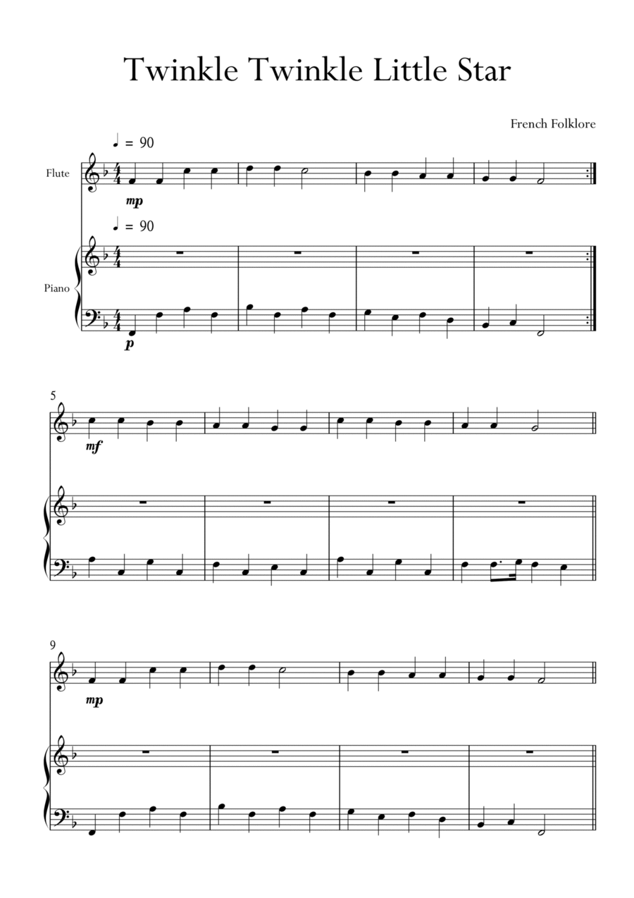 Twinkle Twinkle Little Star for Flute and Piano in F Major. Very Easy. Flute scores gallery preview page 1