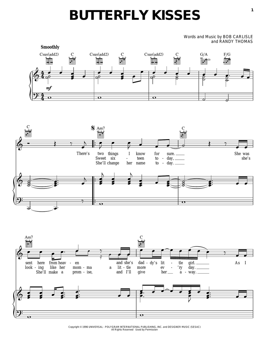 Butterfly Kisses Piano, Vocal, Guitar scores gallery preview page 1