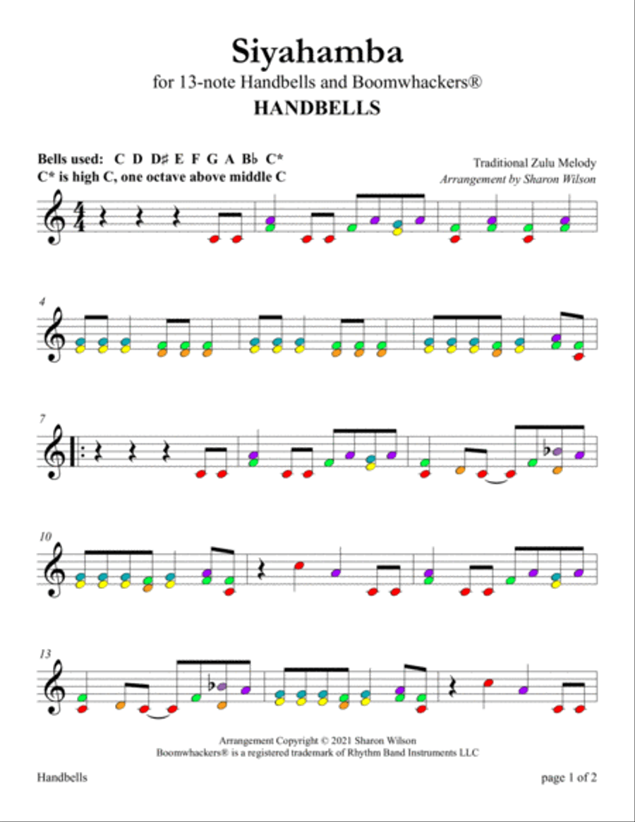 Siyahamba: We Are Marching in the Light of God (for 13-note Color Coded Bells and Boomwhackers) Handbell Choir scores gallery preview page 4