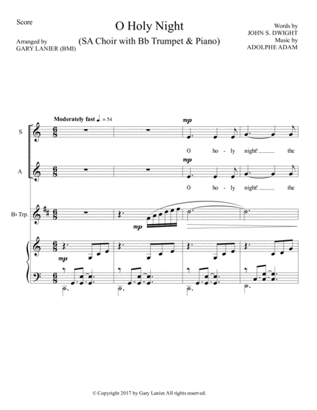 O HOLY NIGHT (SA Choir with Bb Trumpet & Piano - Score & Parts included) image number null