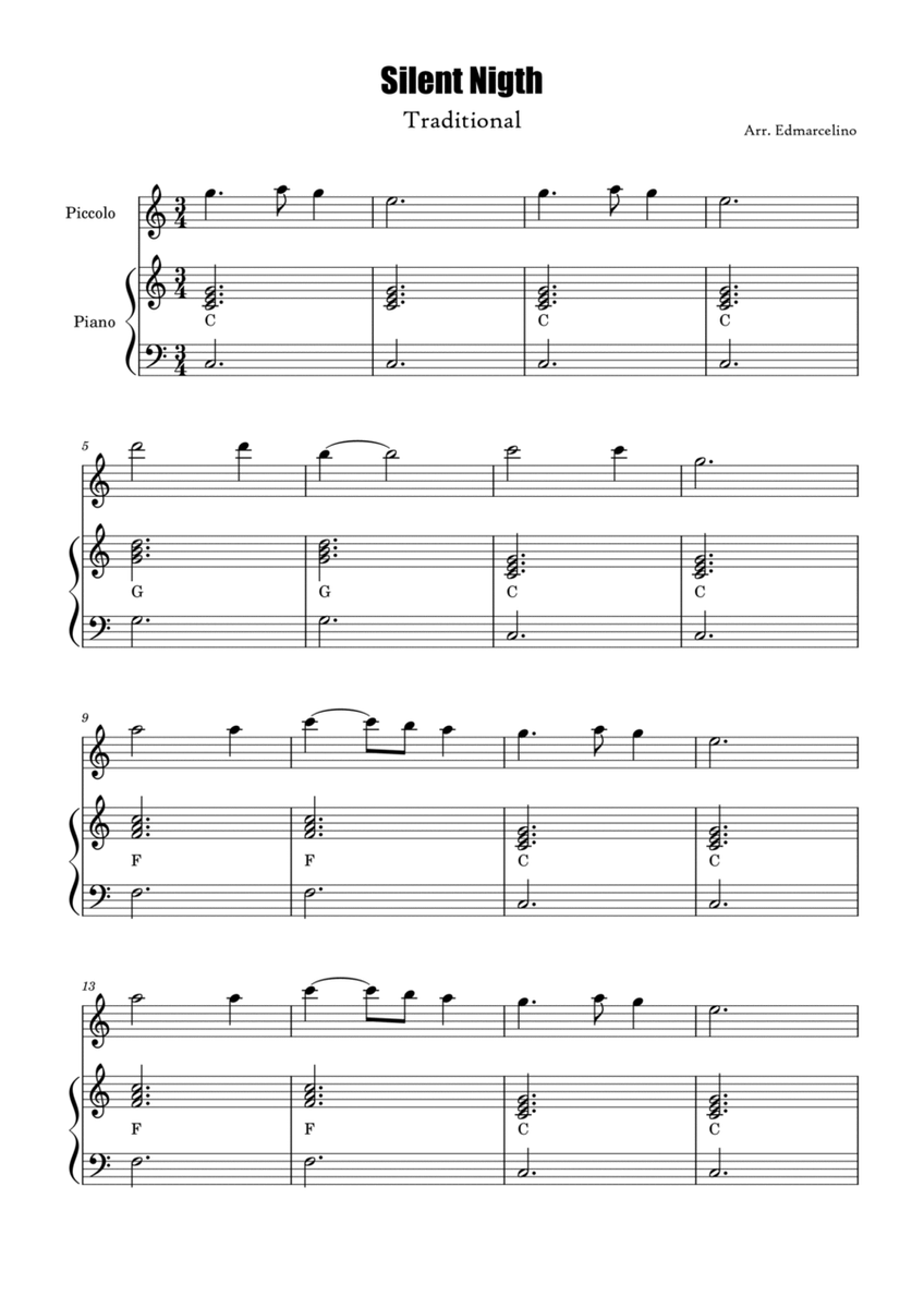 Silent Nigth - Piccolo Sheet Music to Beginners image number null