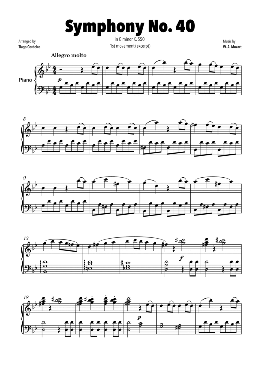 Symphony No. 40 in G minor K.550 - 1st movement (excerpt) Piano Method scores gallery preview page 1