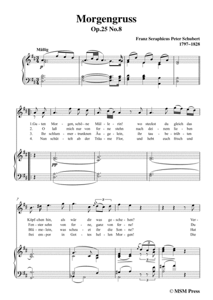 Schubert-Morgengruss,from 'Die Schöne Müllerin',Op.25 No.8,in D Major,for Voice&Piano image number null