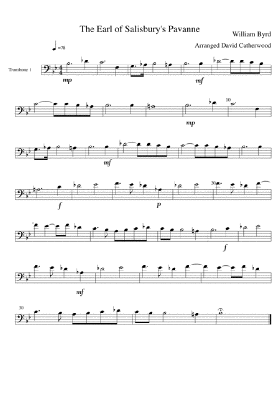 Brass (or Saxophone) Trio - Earl of Salisbury's Pavanne by William Byrd arranged David Catherwood Saxophone scores gallery preview page 1