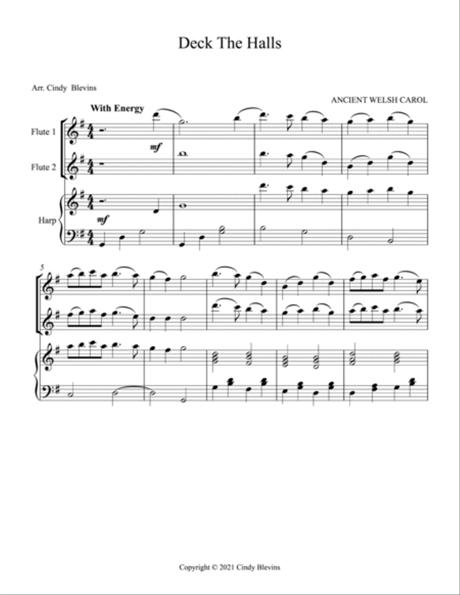 Deck the Halls, Two Flutes and Harp Flute Duet scores gallery preview page 2