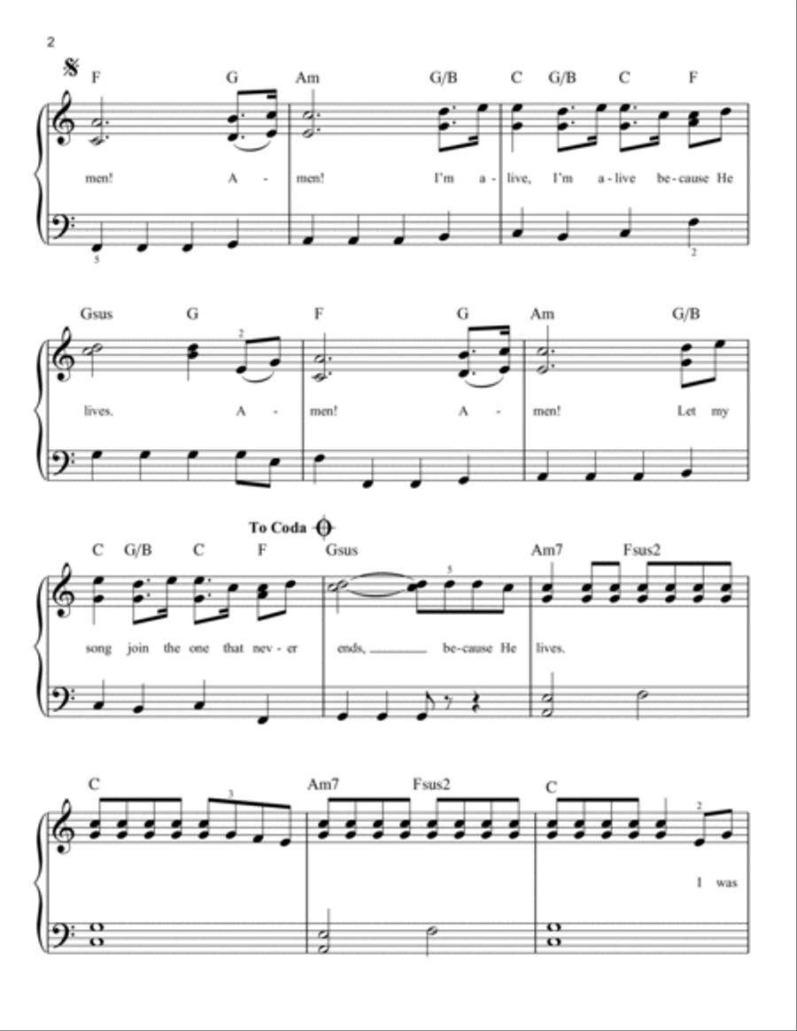 Because He Lives, Amen Because He Lives, Amen Easy Piano scores gallery preview page 2