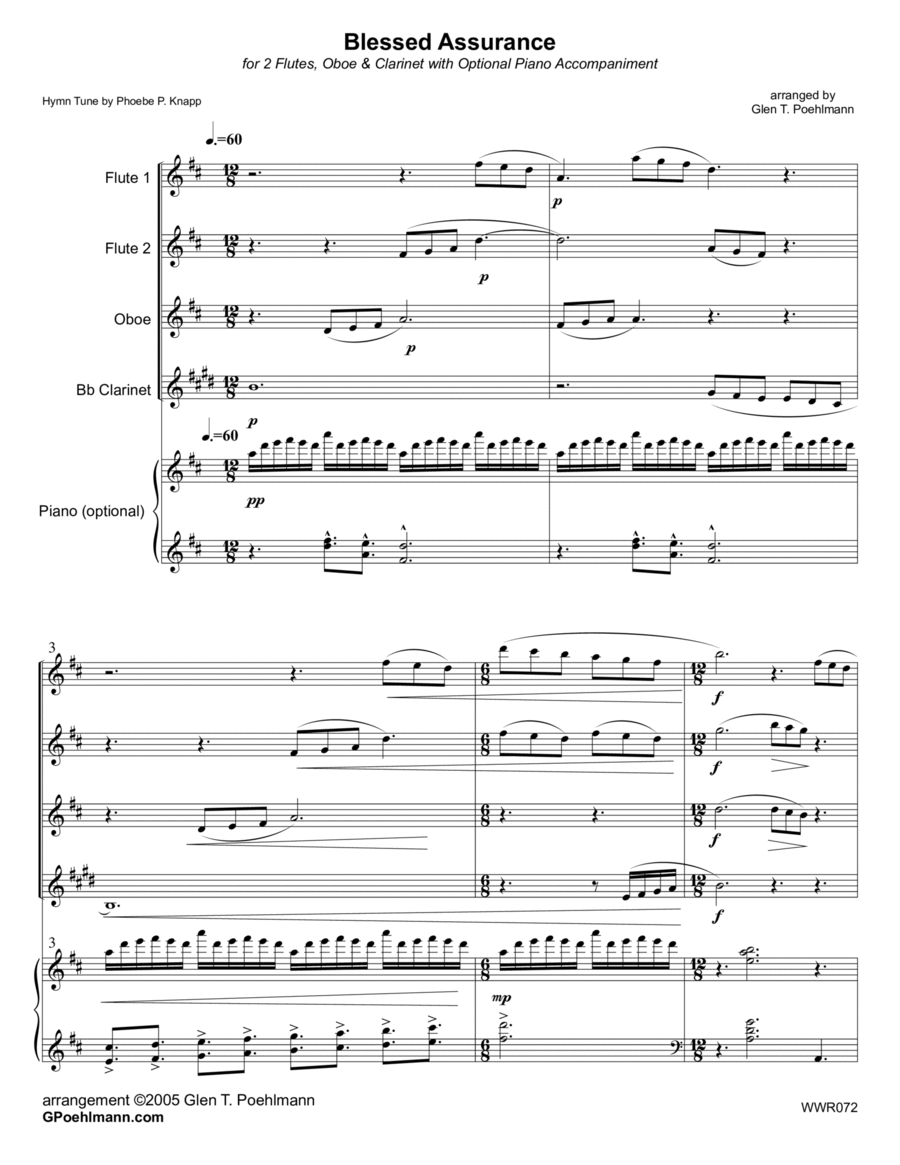 BLESSED ASSURANCE - 2 Flutes, Oboe & Clarinet with optional Piano accompaniment Woodwind Quartet scores gallery preview page 1