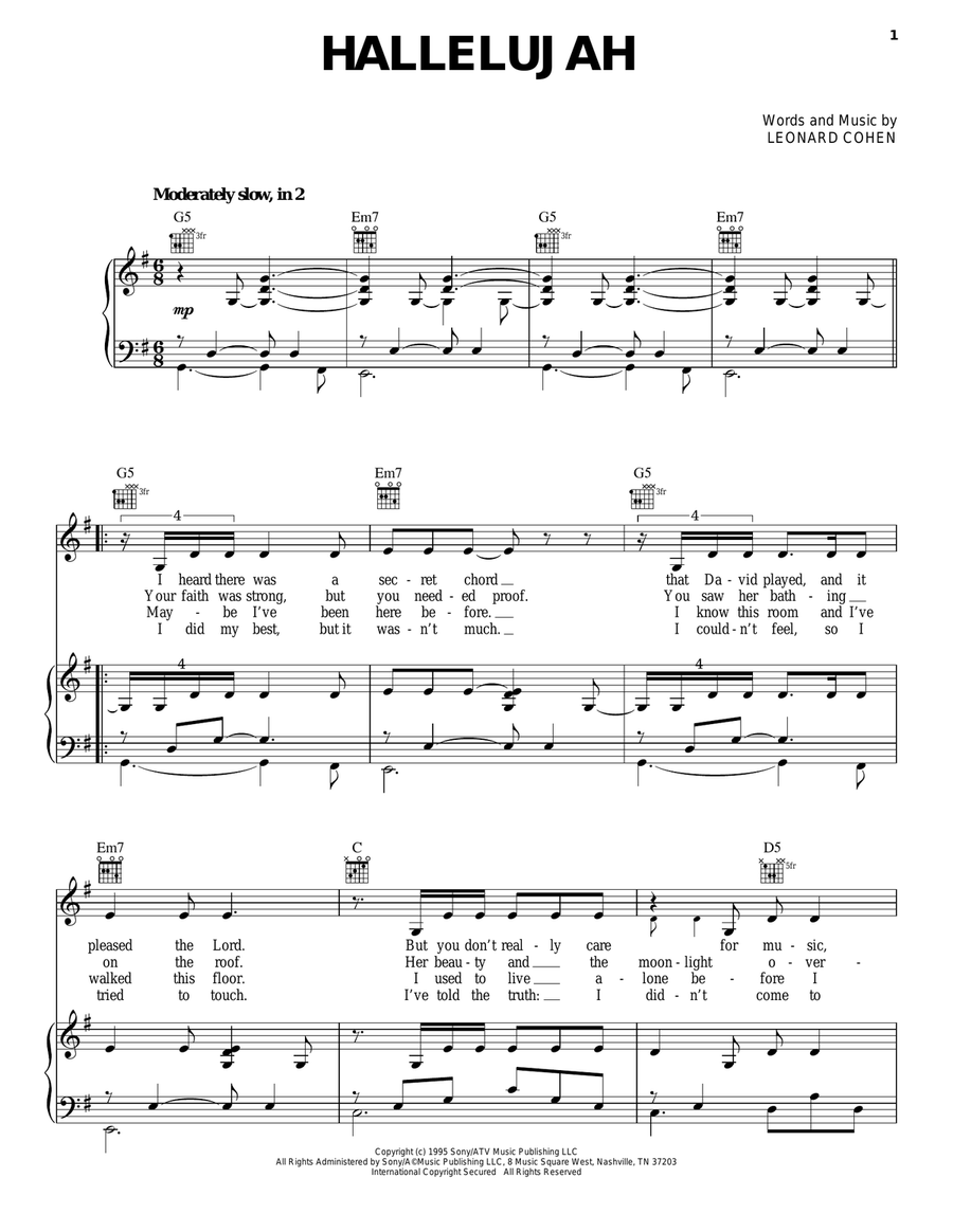 Hallelujah Piano, Vocal, Guitar scores gallery preview page 1