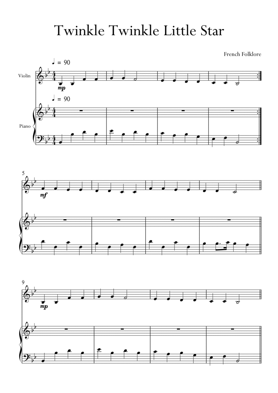 Twinkle Twinkle Little Star for Violin and Piano in Bb Major. Very Easy. Voice scores gallery preview page 1