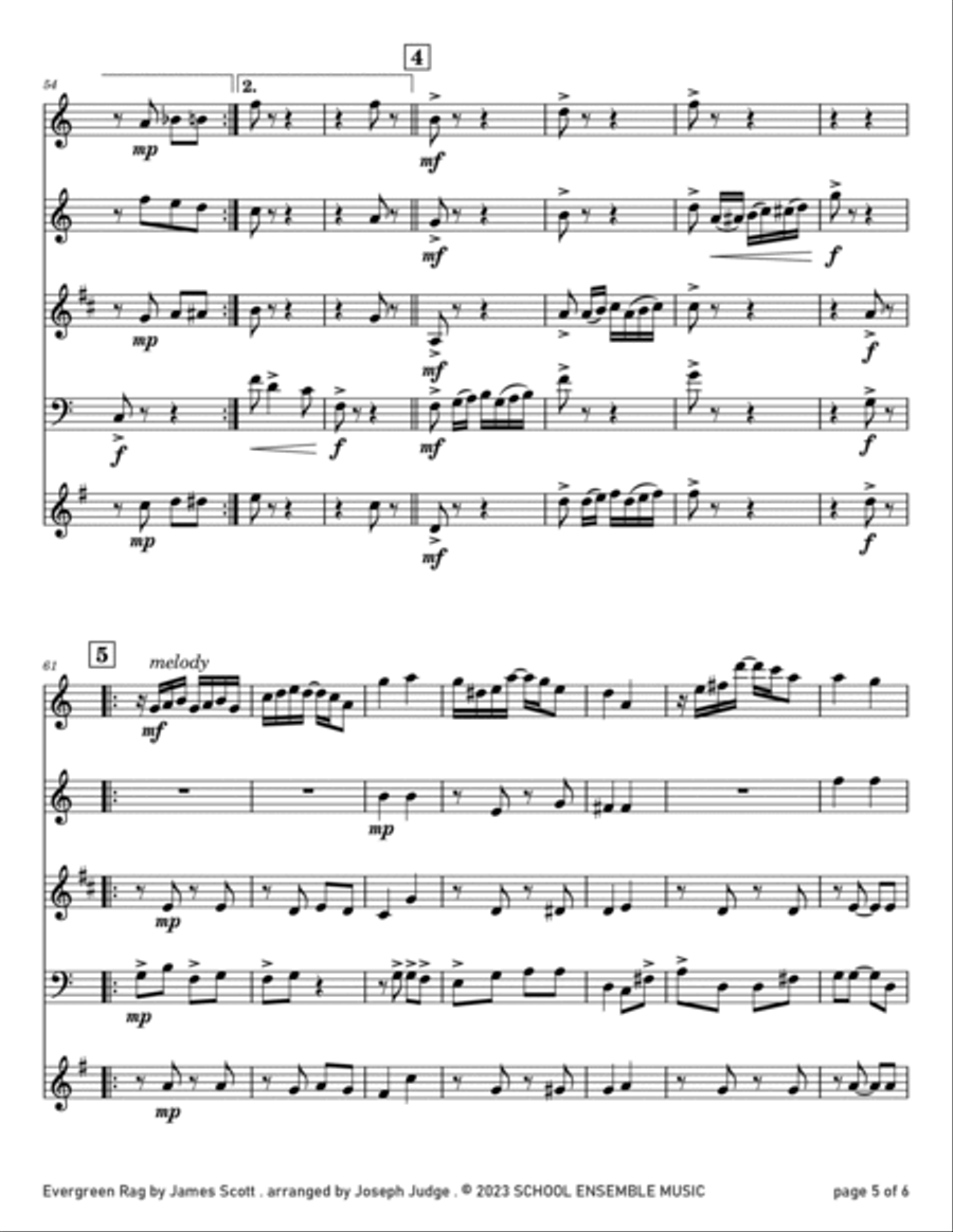 Evergreen Rag by James Scott for Woodwind Quartet in Schools Woodwind Quartet scores gallery preview page 5