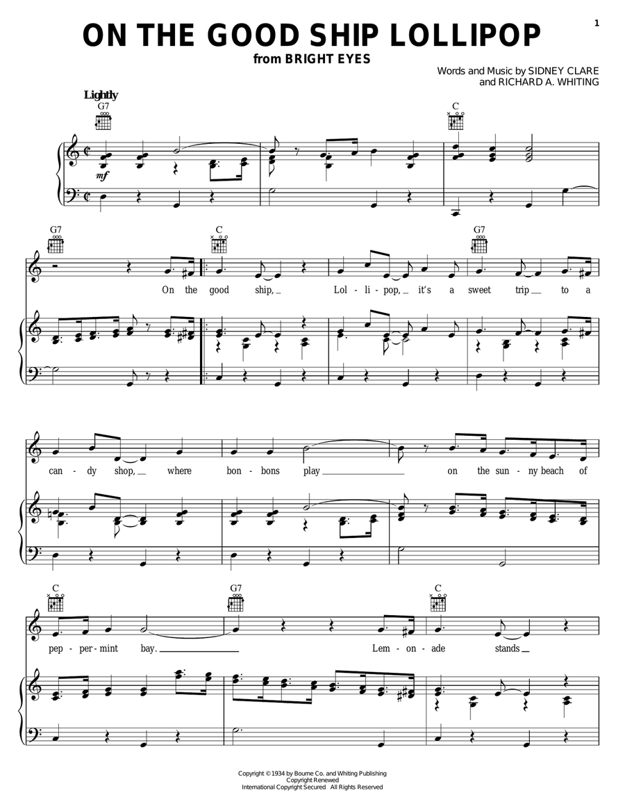 On The Good Ship Lollipop Piano, Vocal, Guitar scores gallery preview page 1