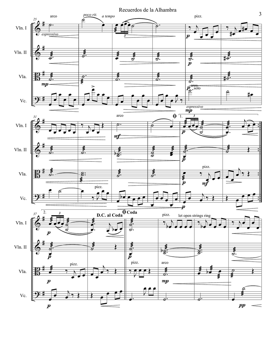 Recuerdos de la Alhambra, for String Quartet, SCORE and PARTS String Quartet scores gallery preview page 4