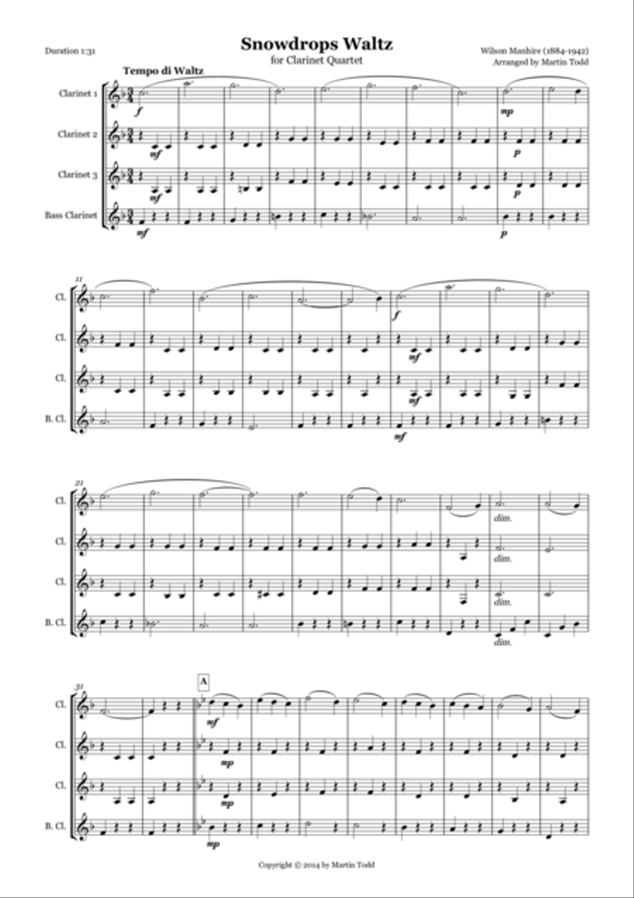 Snowdrops Waltz for Clarinet Quartet Clarinet Quartet scores gallery preview page 1