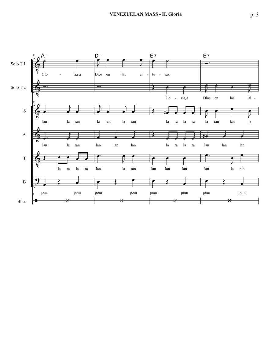 Venezuelan Mass - II. Gloria - Duo of Tenors soloists and SATB with Cuatro accompaniment and percuss 4-Part scores gallery preview page 4
