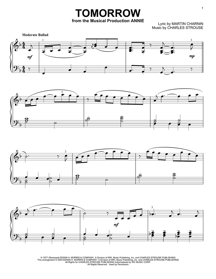 Tomorrow Piano Solo scores gallery preview page 1